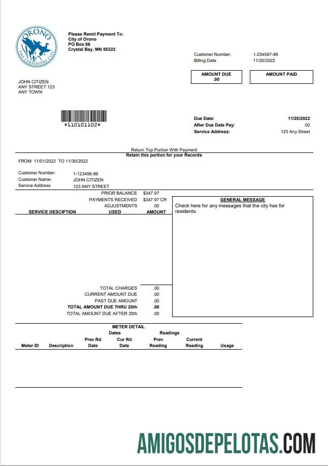 imprimível EUA Nevada Orono Modelo de conta de serviços públicos da cidade de Lakehore em formato Word e PDF